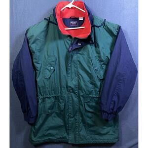 Vintage Bugle Boy Men Coat Jacket Green Red Fleece Lining Hood Large Colorblock